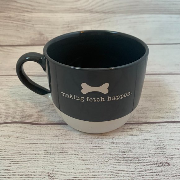 Coffee Mug with Dog Bone and MAKING FETCH HAPPEN Saying Grey and White Two Sided - Picture 2 of 9